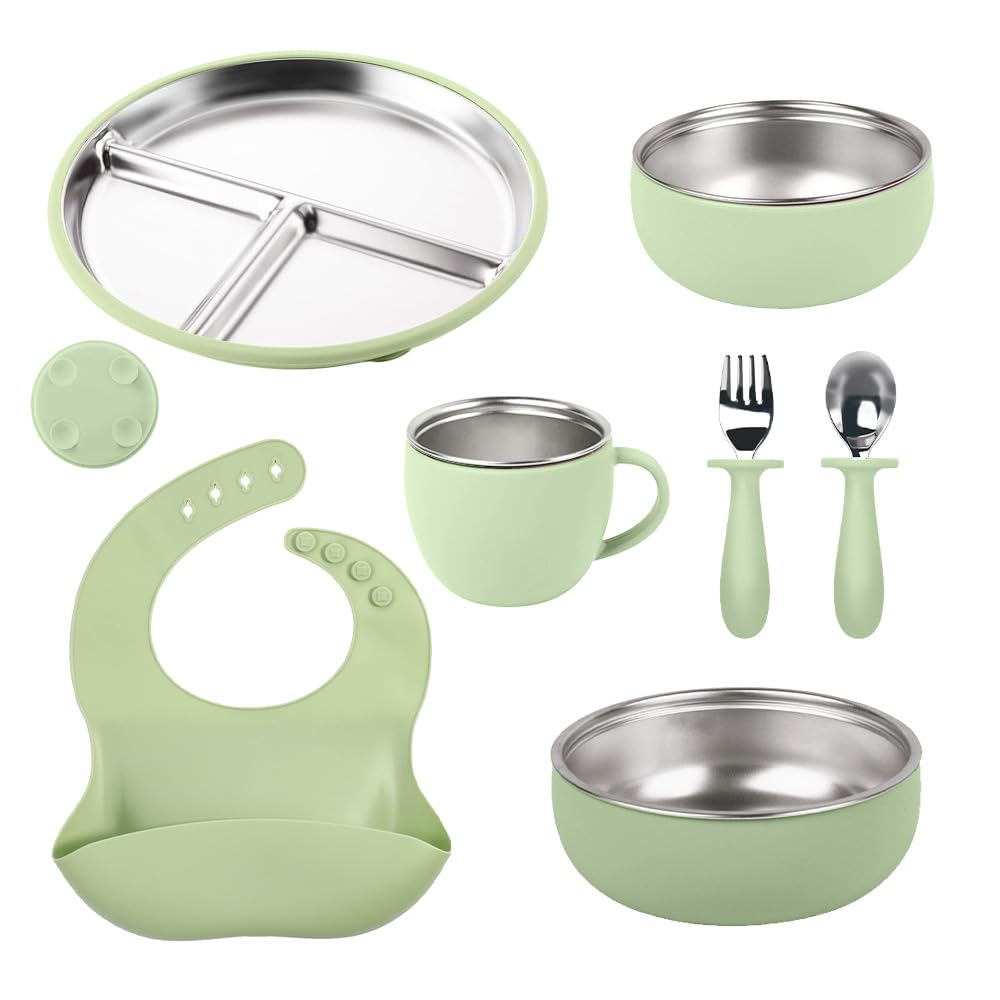 7-Piece Stainless Steel Toddler Feeding Set with Suction Plate & Bowl