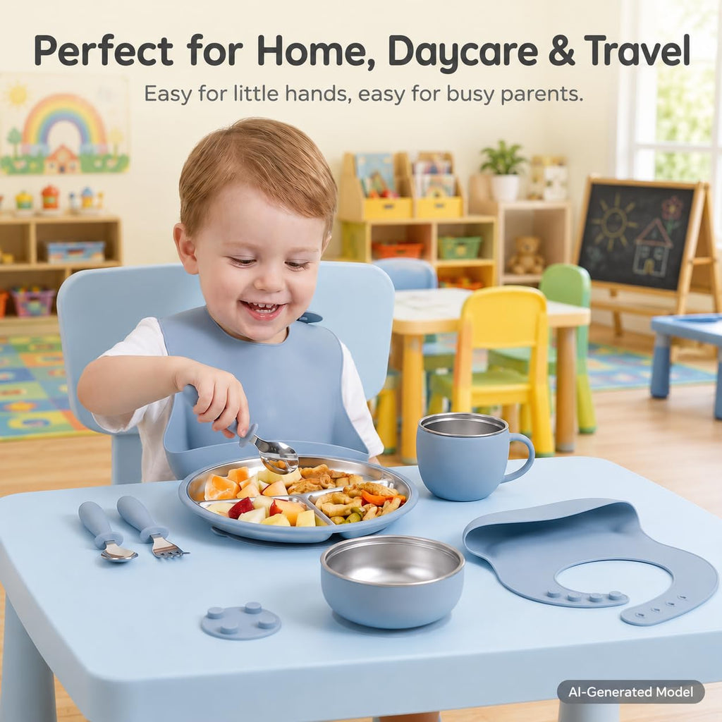 7-Piece Stainless Steel Toddler Feeding Set with Suction Plate & Bowl