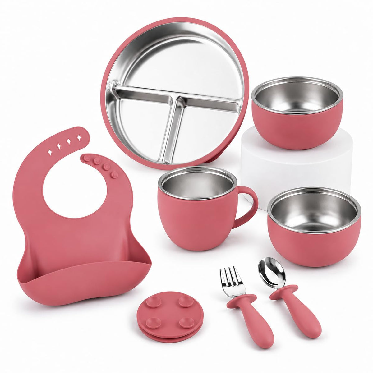 7-Piece Stainless Steel Toddler Feeding Set with Suction Plate & Bowl