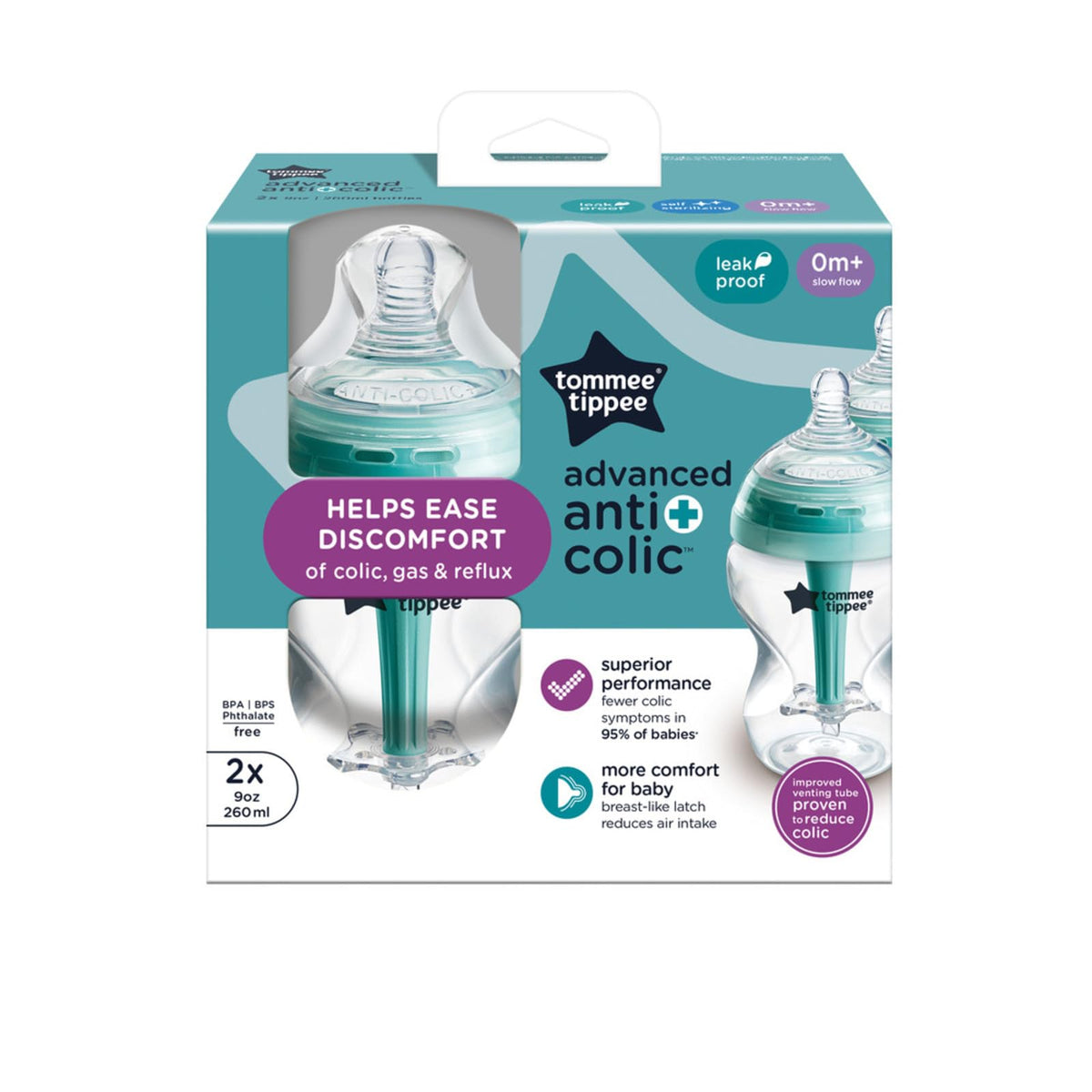 Advanced Anti-Colic Baby Bottles, 9 oz, BPA-Free, Slow Flow, 0+ Months