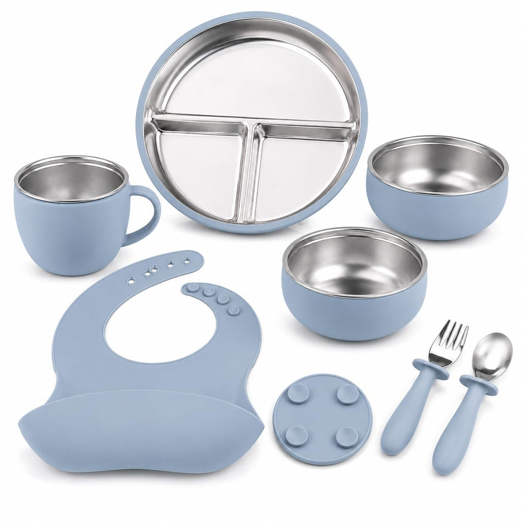 7-Piece Stainless Steel Toddler Feeding Set with Suction Plate & Bowl