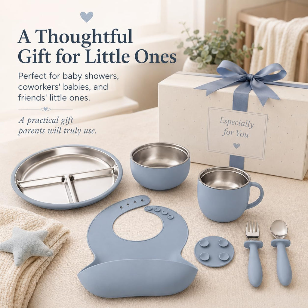 7-Piece Stainless Steel Toddler Feeding Set with Suction Plate & Bowl