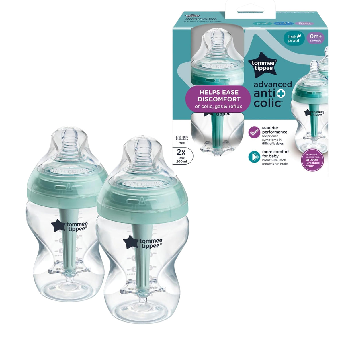 Advanced Anti-Colic Baby Bottles, 9 oz, BPA-Free, Slow Flow, 0+ Months