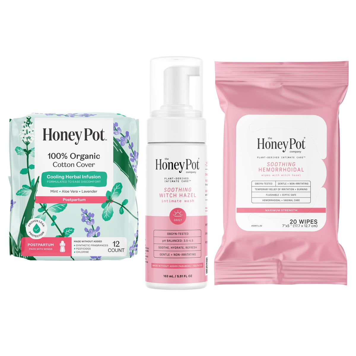 Postpartum Care Set with Pads, Feminine Wash & Witch Hazel Wipes