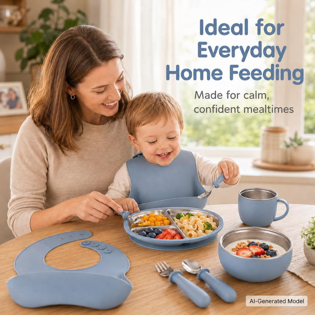 7-Piece Stainless Steel Toddler Feeding Set with Suction Plate & Bowl