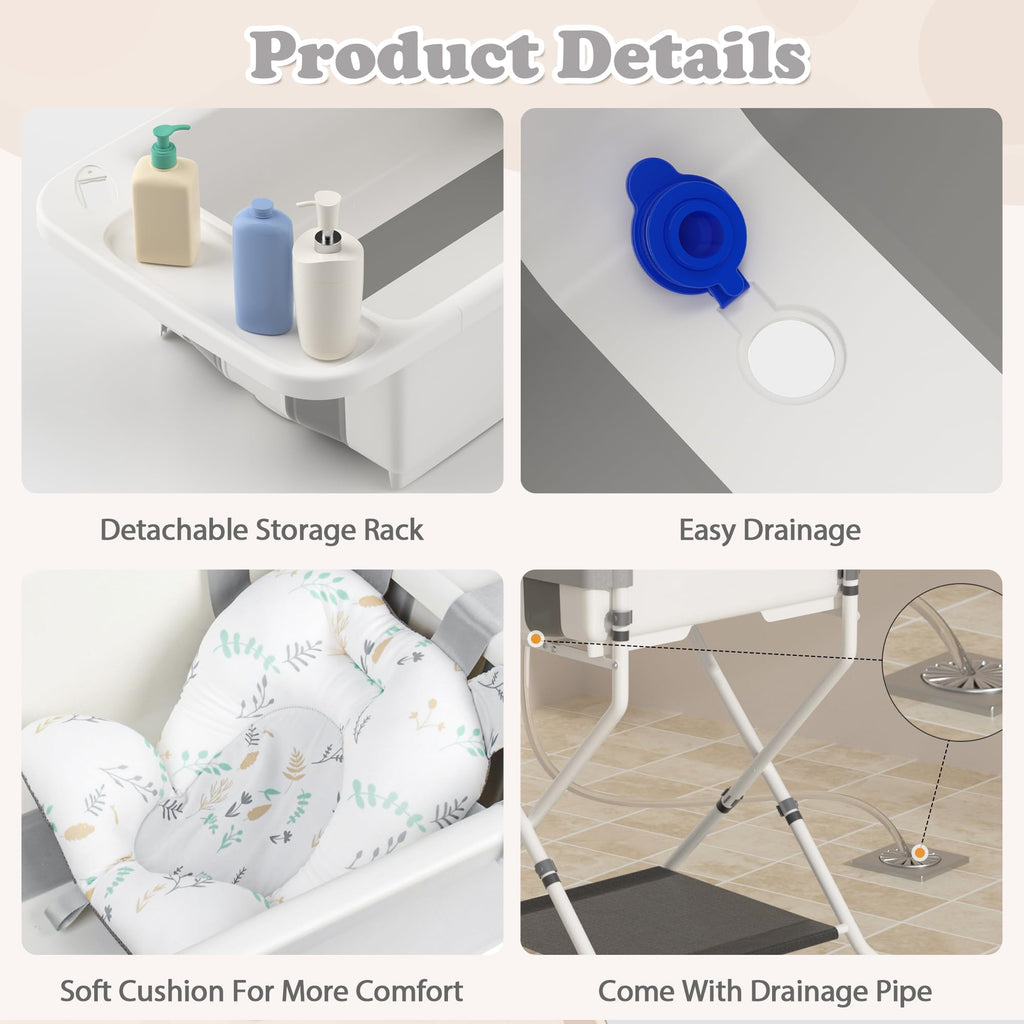 Collapsible Baby Bathtub with Stand & Soft Infant Cushion