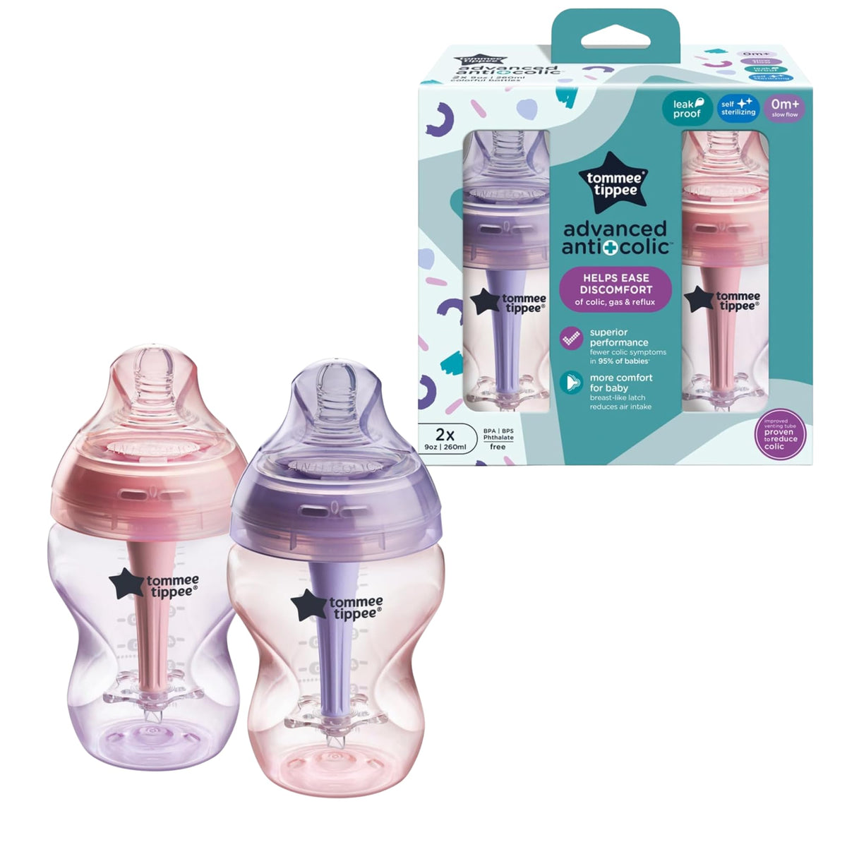 Advanced Anti-Colic Baby Bottles, 9 oz, BPA-Free, Slow Flow, 0+ Months