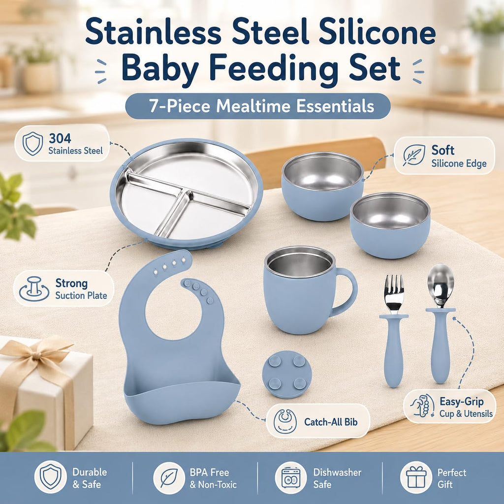 7-Piece Stainless Steel Toddler Feeding Set with Suction Plate & Bowl