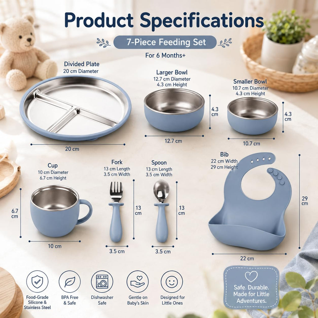 7-Piece Stainless Steel Toddler Feeding Set with Suction Plate & Bowl