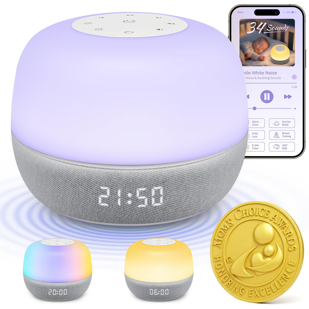 Mewaii White Noise Sound Machine Baby, 34 Sounds, Sunrise Alarm Clock